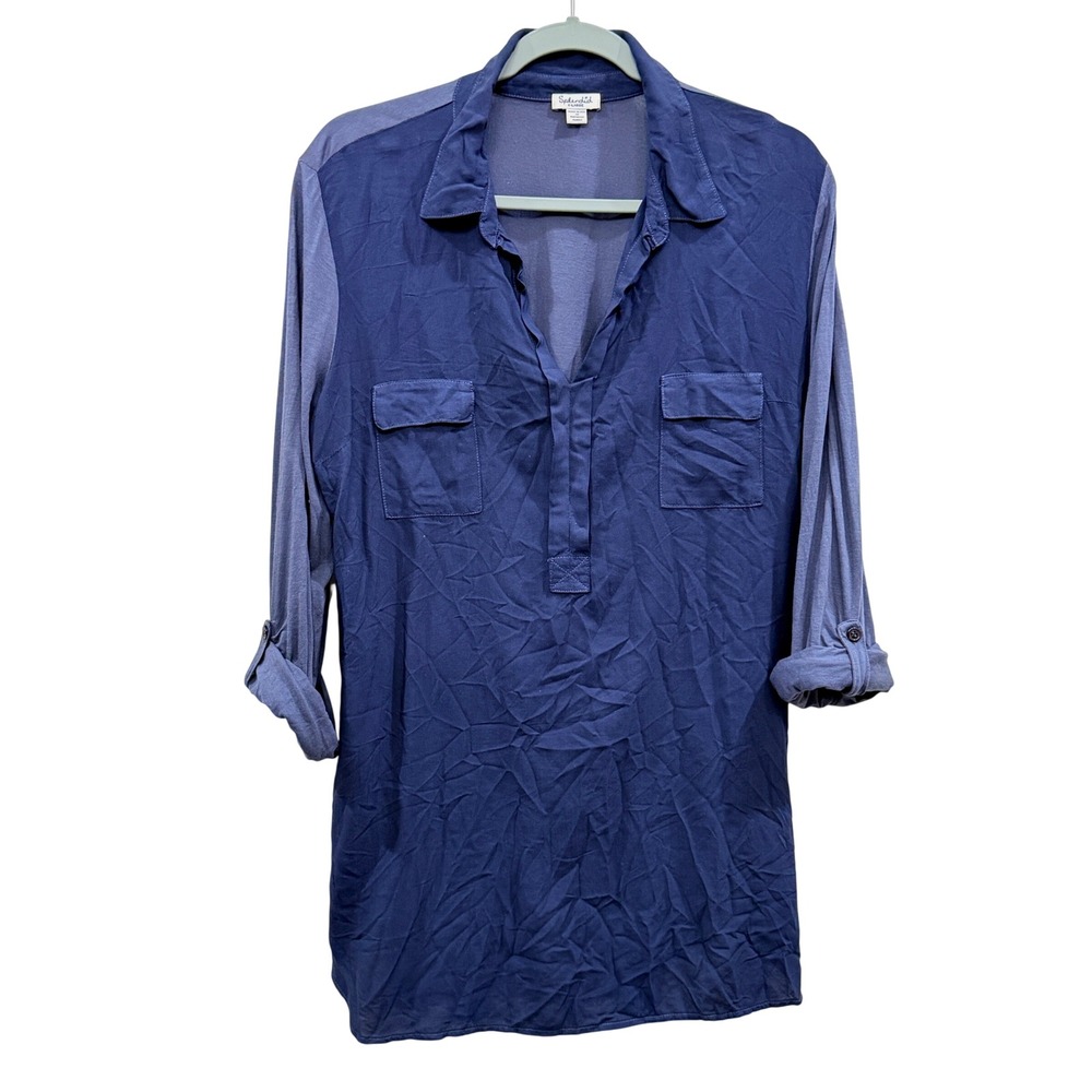 Splendid Women XL Tunic Top Mixed Media Roll Tab Sleeve Navy Blue Office Minimal